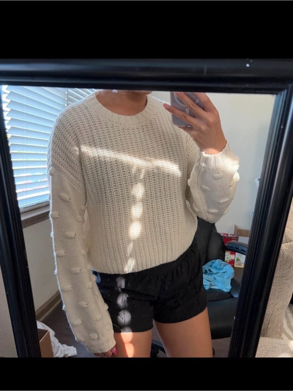 moon & madison Cream Bobble Sleeve Knit Sweater